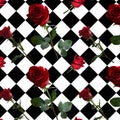 A pattern with red roses with green leaves and a long stem Royalty Free Stock Photo