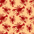 Pattern of red sea crayfish colorful seamless pattern with sharp claws and tentacles on a beige background. Living in an Royalty Free Stock Photo