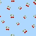 Pattern of red small cherry stickers different sizes with leaves on blue background