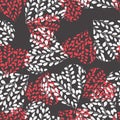 Pattern with red and white hearts on black background. Branches with leaves in the heart. Romantic Wallpaper, textiles Royalty Free Stock Photo