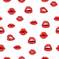 Pattern red woman lips with smile on white background. Sensual female mouth with white toothed smile seamless pattern