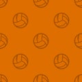 Pattern of retro soccer balls in a linear style on a terracotta background for printing and design.Vector illustration.