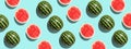 Pattern with ripe watermelon on blue background. Pop art design, creative summer concept