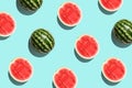 Pattern with ripe watermelon on blue background. Pop art design, creative summer concept