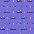 Pattern of romantic travelling in Venice. Gondolier carries a girl and man in a gondola on the channel. Summer vacation pattern. Royalty Free Stock Photo