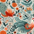 A pattern with roosters and flowers on a gray background, AI