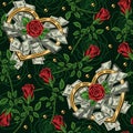 Pattern with roses, bundle of cash money in gold heart shaped frame, gold beads