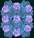 Pattern of roses on a on the openwork decor decor on a dark background.