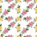 Pattern with roses. Watercolor seamless pattern with rose flowers. Yellow and pink flowers in doodle style on a white