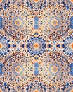 Rapport of Medallions, rosettes or mandalas ornaments in orange and blue tapestry pattern. Generative AI. Pattern mirrored repeat