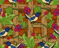 Pattern with rural motives, country house entwined with grapes and songbirds on the branches. Vector illustration