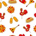 Pattern of Russian holiday Maslenitsa. Collection of traditional Russian symbols: Lollipop cockerel, sun, pancakes caviar, braided