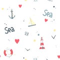 Pattern sailboat, lifebuoy, anchor, lighthouse