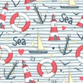 Pattern sailboat, lifebuoy, anchor, lighthouse