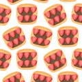 Pattern with a sandwich with chocolate spread and strawberries. Seamless pattern with chocolate toast.