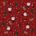 Pattern of Santa with christmas tree and gingerbread and sock and candy cane, surrounded by now on red