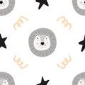 Pattern Scandinavian kids doodles elements monochrome wild animal hand drawn lion smile cute character face & stars