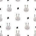 Pattern Scandinavian kids doodles elements monochrome wild animal hand drawn rabbit hare smile face stars