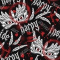 Pattern with scary masquerade mask, feathers, red eyes behind, text Harpy inside