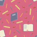 Pattern with school supplies on a bright pink background. stationery for writing and drawing