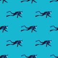 Pattern scuba diver diving under water on blue sea background. Diving in ocean and sea, underwater swimming and water