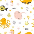 Pattern with sea animals on white background