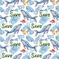 Pattern sea creatures and plastic trash watercolor Royalty Free Stock Photo