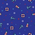 Pattern sea lighthouse, lifebuoy and anchor on dark blue background