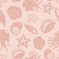 Pattern sea shells starfish and jellyfish pink vector ocean tropical animals cartoon flat seamless summer background.