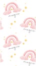 Pattern seamless background cute baby pink cow girl hanging on pink rainbow hand drawn cartoon watercolour farm animal character Royalty Free Stock Photo