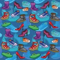 Pattern of seamless background with drawings of different types of shoes