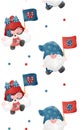 Pattern seamless background 4th of July Gnome Patriotic holding USA flag America Independence day cartoon watercolor illustration