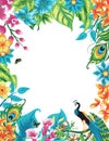 Summer tropical isolated frame decoration with peacock, palm leaves and hibiscus flowers.