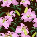 1213 pattern, seamless pattern with branches and flowers of lilies in bright colors, ornament for wallpaper