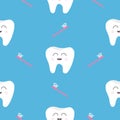 Pattern Seamless Brush Tooth health. Cute funny cartoon smiling character. Oral dental hygiene. Children teeth care. Baby texture.