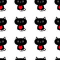 Pattern Seamless. Cute Black Cat Holding Red Heart. Funny Cartoon Animal Character. Kitty Kitten. Baby Pet Collection. Wrapping Pa