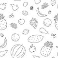 Pattern seamless fruits line doodle. Plant vegetarian diet foods vector sketch black isolated illustration on white