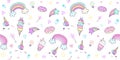 Pattern seamless with hand drawn doodle unicorn in pastel color. Kawaii unicorn background