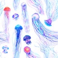 Pattern seamless jellyfishes Colorful repeat texture wallpaper design illustration Watercolor in bright style vivid blue purple