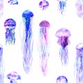 Pattern seamless jellyfishes Colorful repeat texture wallpaper design illustration Watercolor in bright style vivid blue purple Royalty Free Stock Photo