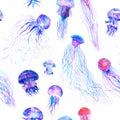 Pattern seamless jellyfishes Colorful repeat texture wallpaper design illustration Watercolor in bright style vivid blue purple Royalty Free Stock Photo