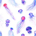 Pattern seamless jellyfishes Colorful repeat texture wallpaper design illustration Watercolor in bright style vivid blue purple