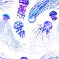 Pattern seamless jellyfishes Colorful repeat texture wallpaper design illustration Watercolor in bright style vivid blue purple Royalty Free Stock Photo
