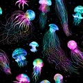 Pattern seamless jellyfishes Space colorful repeat texture wallpaper illustration Night galaxy mix with watercolor jelly fishes in Royalty Free Stock Photo