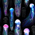 Pattern seamless jellyfishes Space colorful repeat texture wallpaper illustration Night galaxy mix with watercolor jelly fishes in Royalty Free Stock Photo