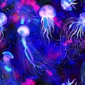 Pattern seamless jellyfishes Space colorful repeat texture wallpaper illustration Night galaxy mix with watercolor jelly fishes in