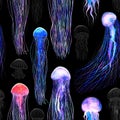 Pattern seamless jellyfishes Space colorful repeat texture wallpaper illustration Night galaxy mix with watercolor jelly fishes in Royalty Free Stock Photo