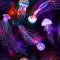 Pattern seamless jellyfishes Space colorful repeat texture wallpaper illustration Night galaxy mix with watercolor jelly fishes in Royalty Free Stock Photo