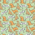 Pattern seamless kids with dino doodle element. Hand drawn dinosaurs and tropical leaves. Cute funny cartoon dino seamless pattern Royalty Free Stock Photo