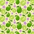 Pattern is seamless with lime, flowers, circles on light background
